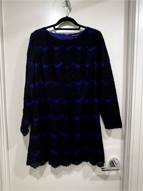 French Connection Black & Royal Blue Long-Sleeve French Lace Shift Dress